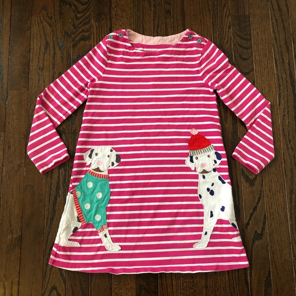 Mini Boden Girls 7-8Y Pink/White Striped Long-Sleeved Dress w/Dog Appliqué